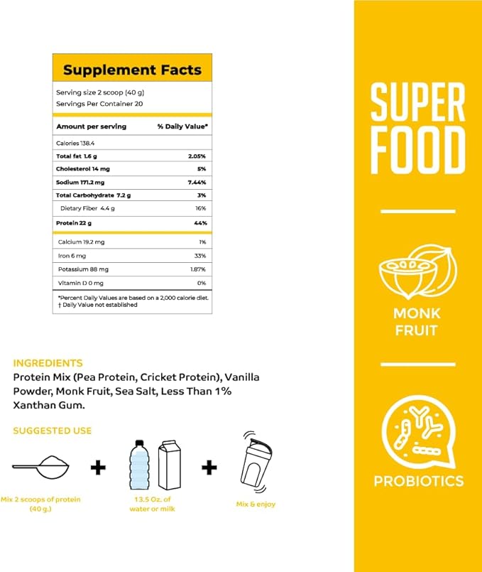 Protein Powder with Supplements. Cricket and 50% of B12, Vitamina (1.8 Lbs,