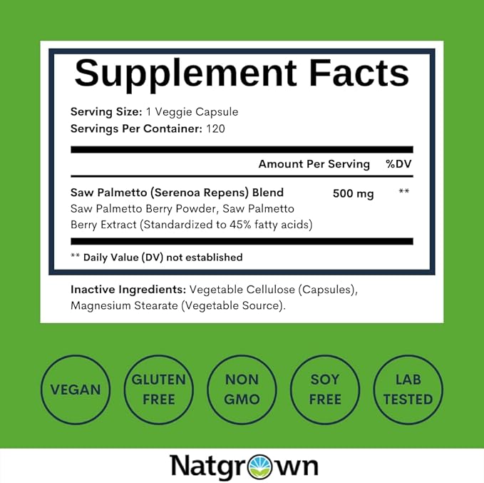 Natgrown Saw Palmetto Prostate Supplement for Men - DHT Blocker for Hair Growth and Decrease Frequent Urination - Vegan Capsules (120 Ct)
