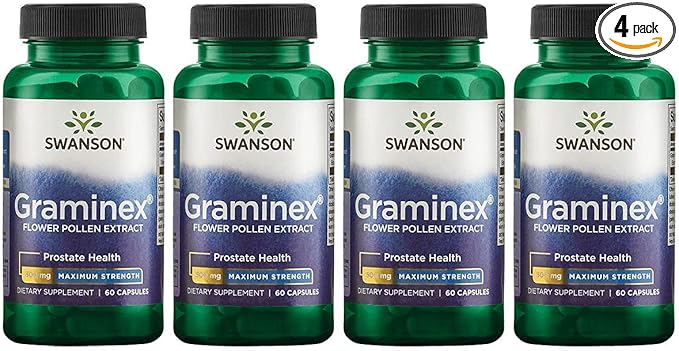 Swanson Maximum Strength Graminex Flower Pollen Extract - Supports Prostate Health, Urinary Tract Function, and Kidney Health - Mens Health Supplement - (60 Capsules, 500mg Each) (4 Pack)
