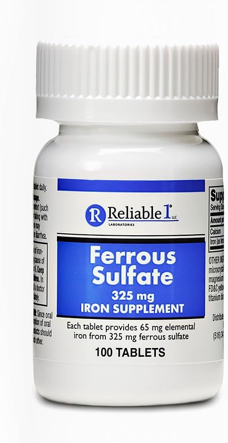 Iron Supplement Ferrous Sulfate 325mg by Reliable 1 | Iron Pills for Women and Men | Iron Supplements for Anemia and Iron Deficiency | 100 Iron Tablets per Bottle