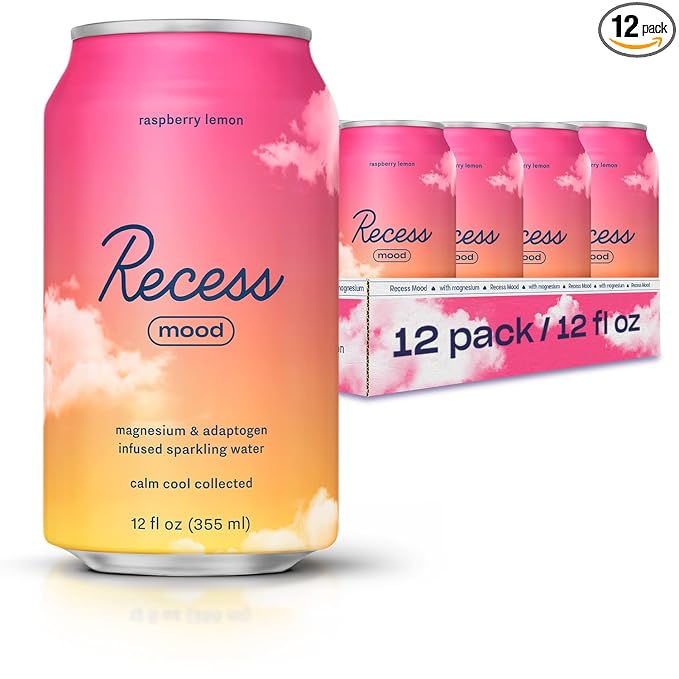 Recess Mood Magnesium Supplement Drink Calming 12 Ounce, 12 (Raspberry 12 Pack)