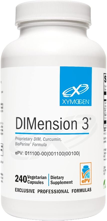 XYMOGEN Dimension 3 - Diindolylmethane DIM Supplement with Curcumin + BioPerine - Supports Healthy Estrogen Detox, Hormonal Balance for Women and Men - Menopause Relief + PMS Support (240 Capsules)