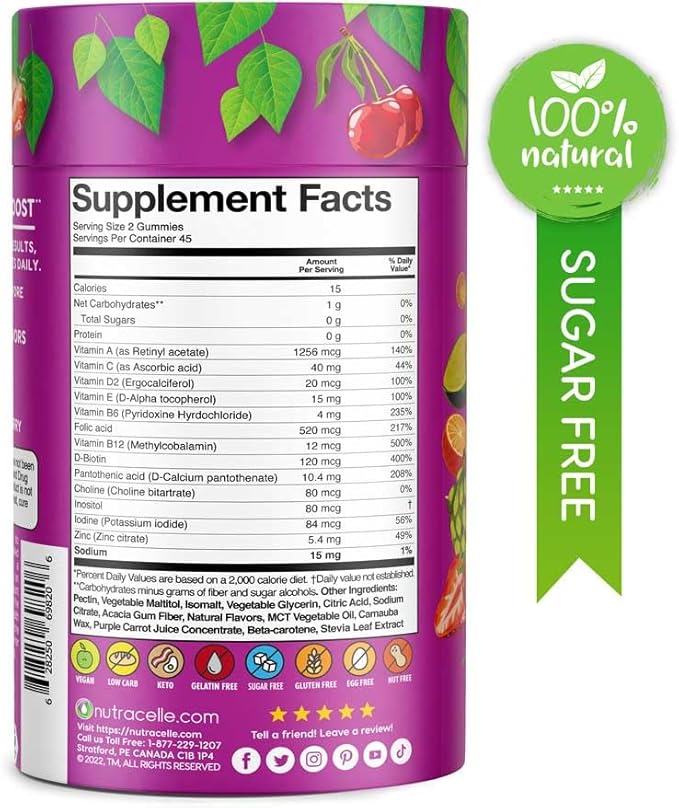 NUTRAMIN Daily Vegan Keto Multivitamin Gummies D2, and B6, B12 B12 & 90 Count, 45 Days