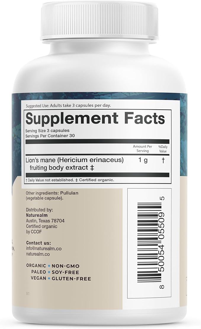 Naturealm - Lion's Mane Capsules - 90 Vegetarian 30-Day Supply