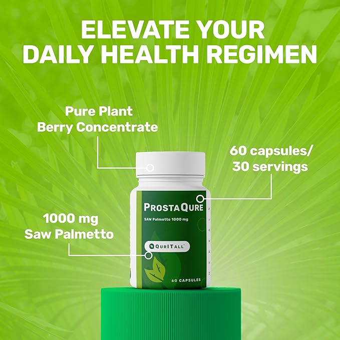 ProstaQure Saw Palmetto 1000 mg - Prostate Supplements for Men's Health - Decrease Nightly Urination & Improved Urine Flow - 60 Capsules Vegan, Soy Free & Gluten-Free