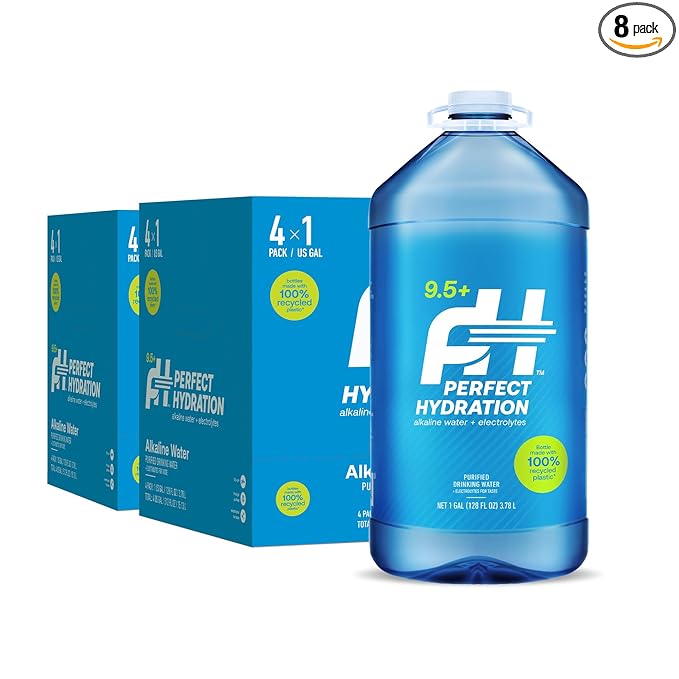 Perfect Hydration 9.5+ pH Alkaline Drinking Water, Electrolyte Minerals for Taste, 8 Gallons (2 Cases of 128 fl oz Jugs)