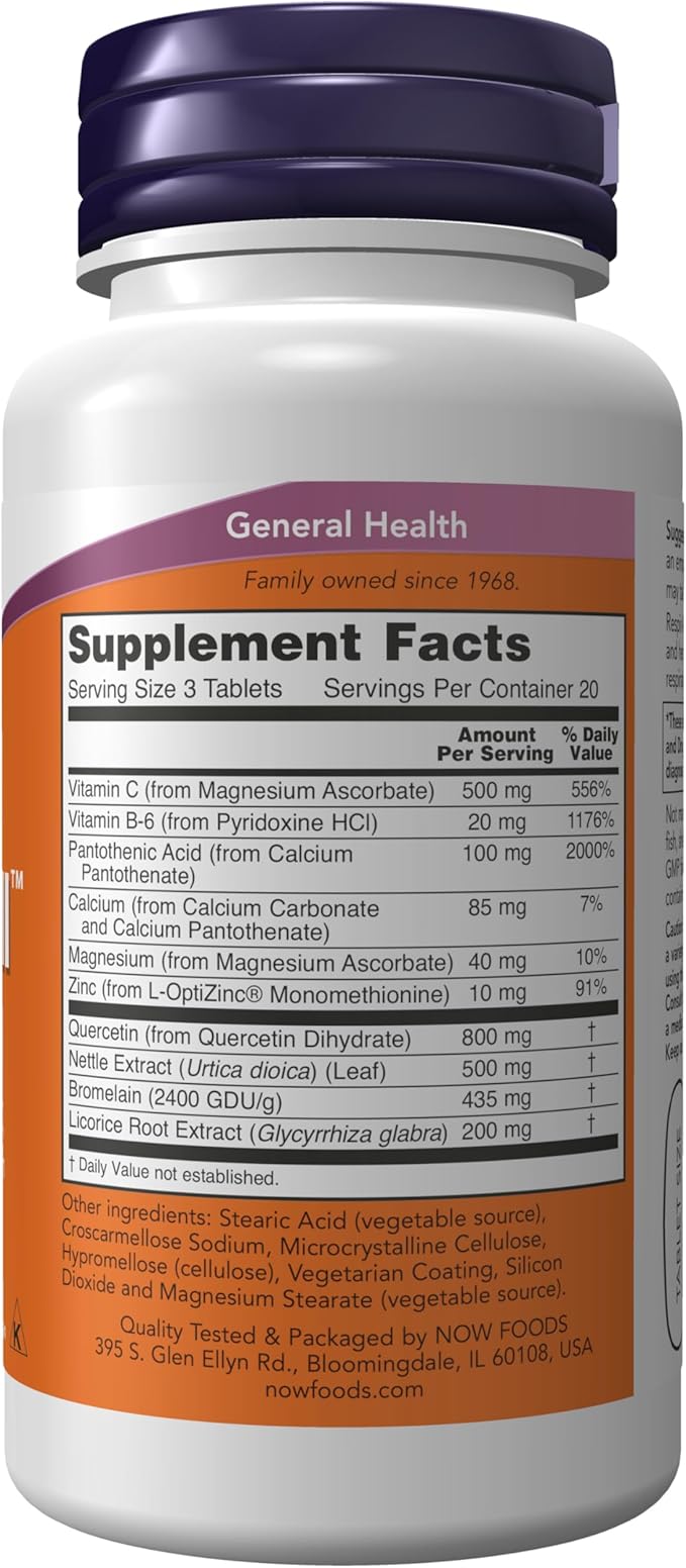 NOW Supplements, Respir-All™ with Quercetin, Vitamin C, Nettle Extract and Bromelain, Respiratory Support*, 60 Tablets