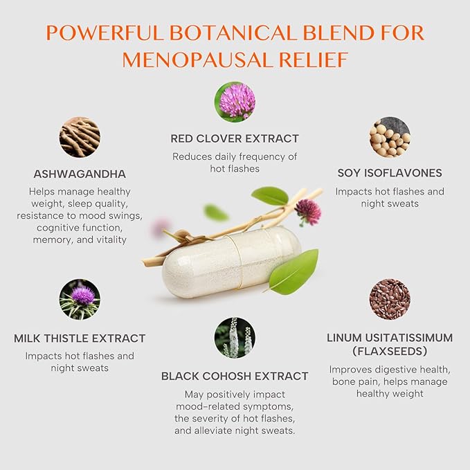 Meno- Menopause Hormonal Balance for Women, Estrogen Soy Isoflavones Menopause Supplement for Women, Ashwagandha, Black Cohosh Hot Flashes Menopause Relief, Night Sweats Relief 120Caps