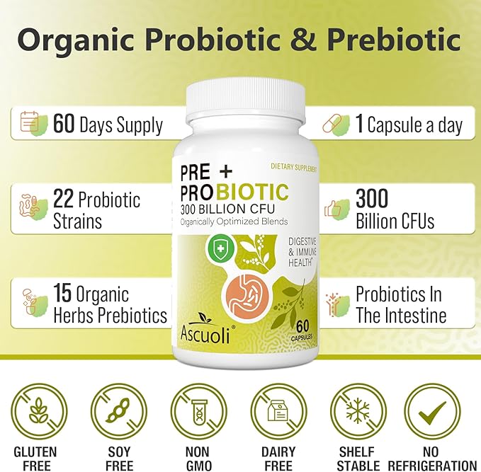 Ascuoli Probiotics for Women & Men 300 Billion 22 Strains 15 Organic 60 Capsule
