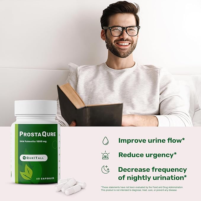 ProstaQure Saw Palmetto 1000 mg - Prostate Supplements for Men's Health - Decrease Nightly Urination & Improved Urine Flow - 60 Capsules Vegan, Soy Free & Gluten-Free