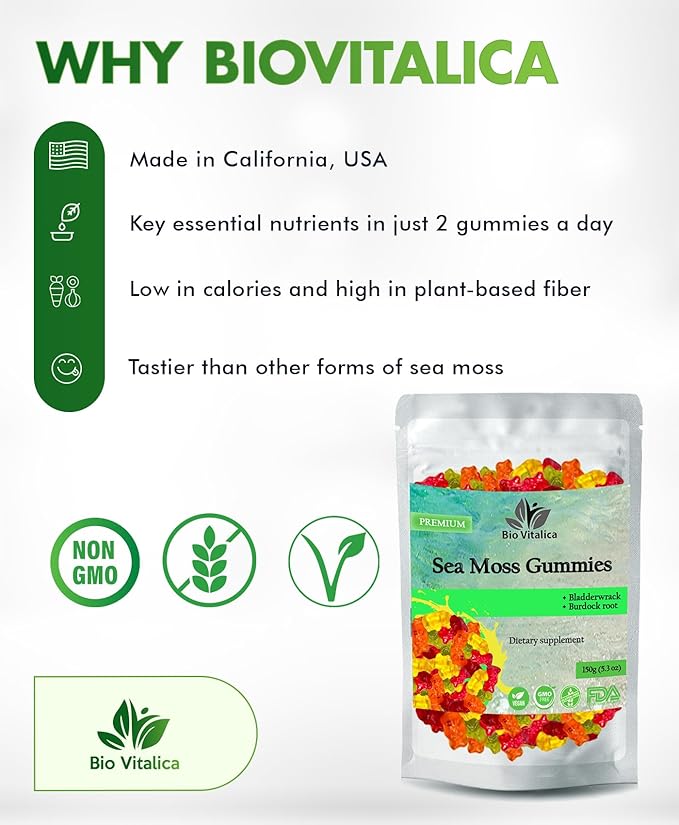 BIO VITALICA Sea Moss Gummies - Irish sea Moss raw Organic, Bladderwrack, Burdock Root. Contains Sea Moss Gel and Powder. Superfoods for Vegan, Keto and Dr Sebi Diet. Immune Boosting (1, Original)