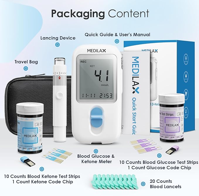 Medilax Ketone Monitor and Glucose Meter Kit 10 Ketone 10 Glucose