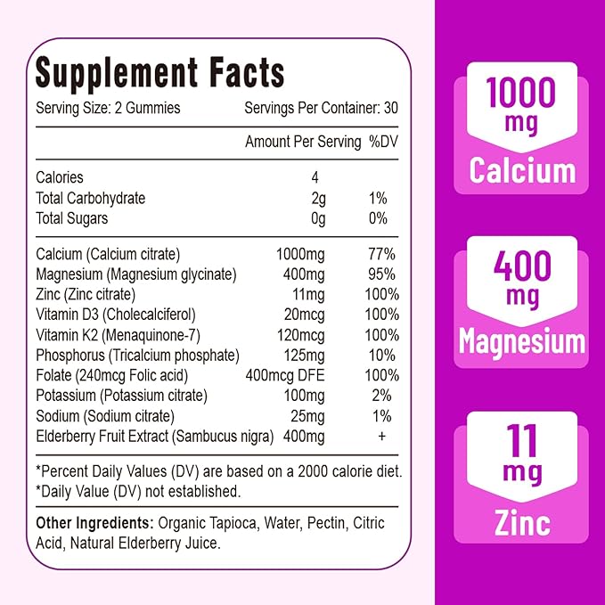 Calcium Magnesium Zinc Gummies with Vitamin D3 & K2, High 60 Gummies…