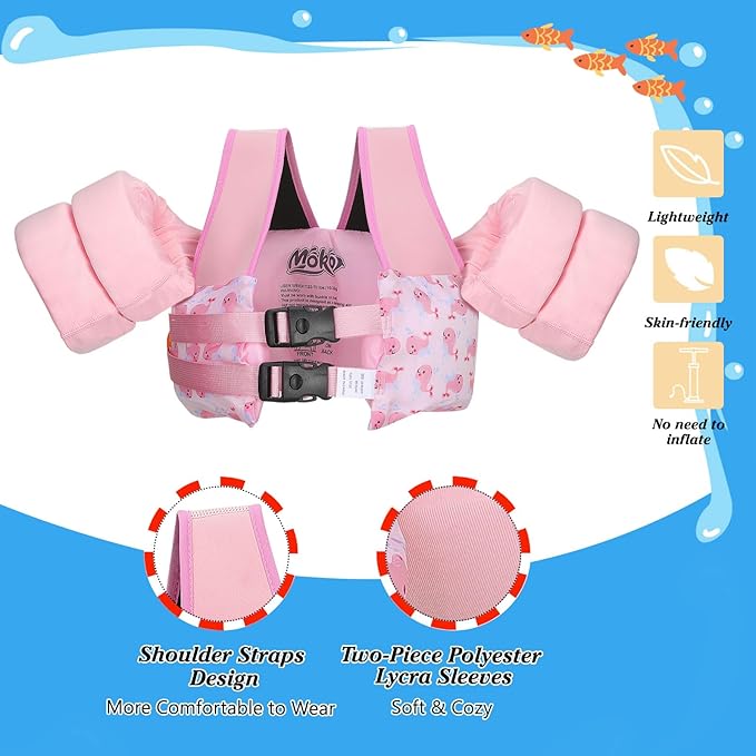Moko Toddler Swim Vest for Kids, 20-50 lbs/22-66 lbs Clearance Swim Arm Band Cartoon Swimming Wings Pool Float Vests Sleeves Shoulder Straps Arm Floaties for Children Learn to Swim