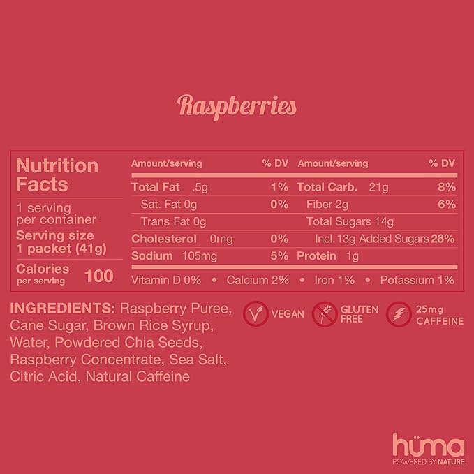 Huma Chia Energy Gel, Raspberries, 24 Gels, 1x Caffeine - Sports Nutrition for Endurance Exercise