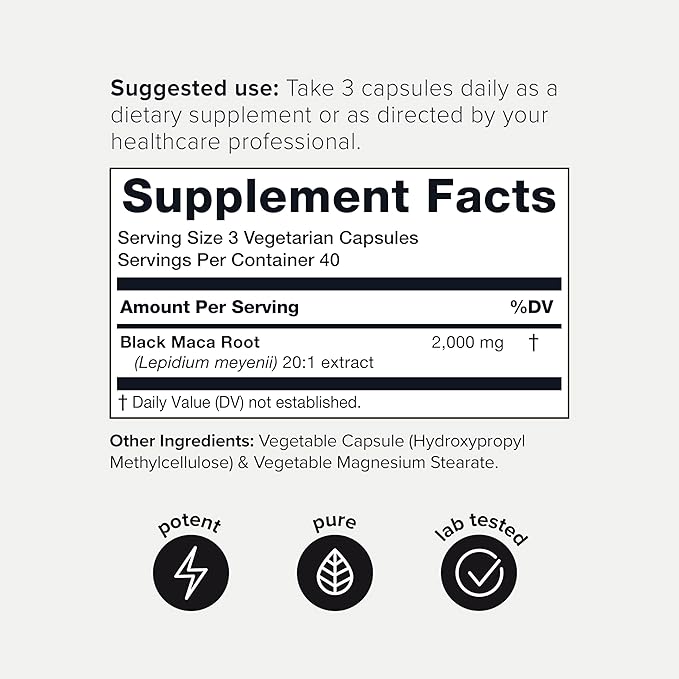 40,000mg Pure Black Maca Root Extract - Ultra Concentrated 20:1 Single Origin Wildcrafted Third-Party Tested Black Maca Powder Capsules for Men & Women - Peruvian Black Macca Root Powder -120 Veg Caps