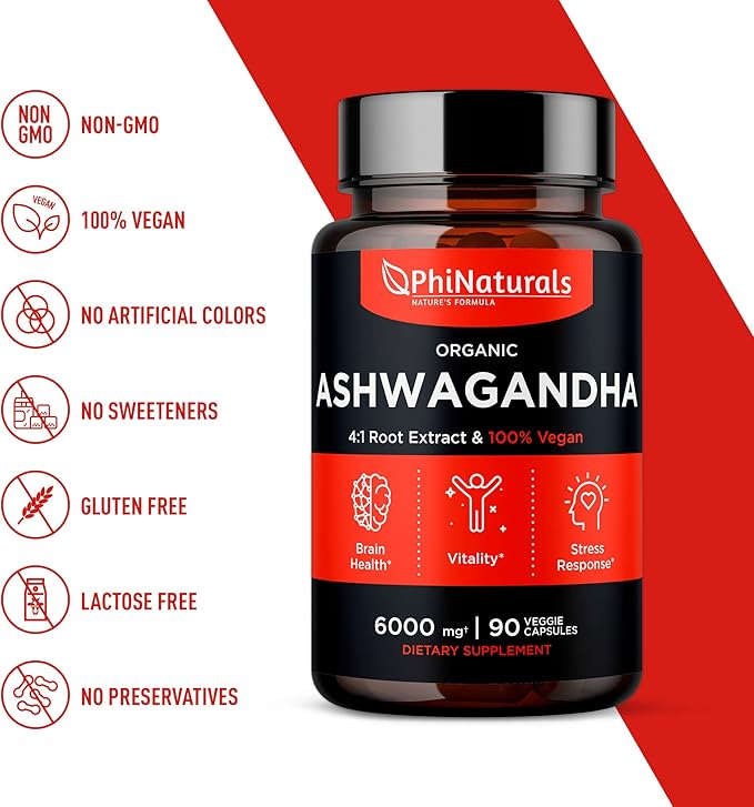 Ashwagandha Root Extract Capsules (Organic) Equivalent 6000 mg 1500 mg 500 mg 90 Count