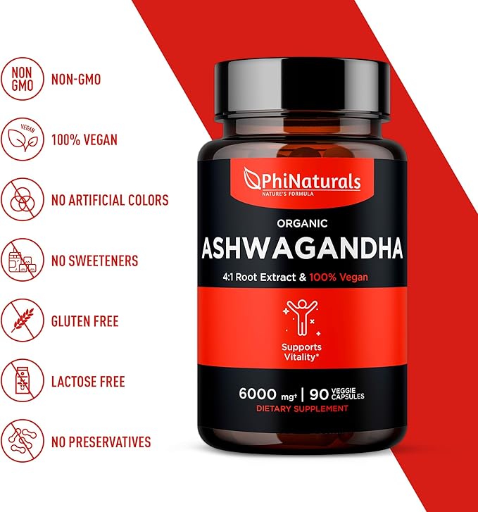Ashwagandha Root Extract Capsules (Organic) Equivalent 6000 mg 1500 mg 500 mg 90 Count