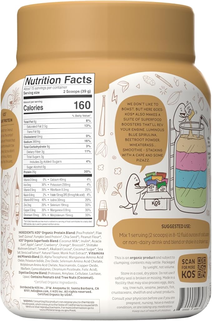 KOS Organic Plant Based Protein Powder, 15 Servings