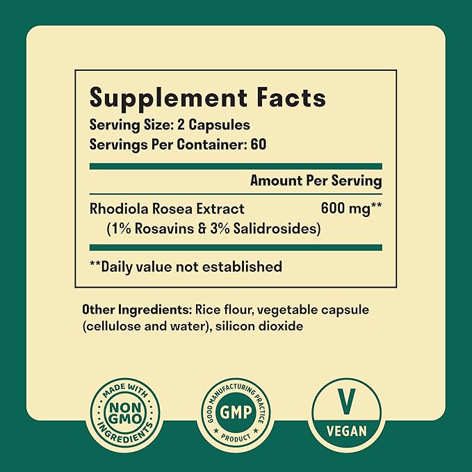 Rhodiola Rosea 600 mg 120 Vegan (3% Salidroside 1% Rosavins)