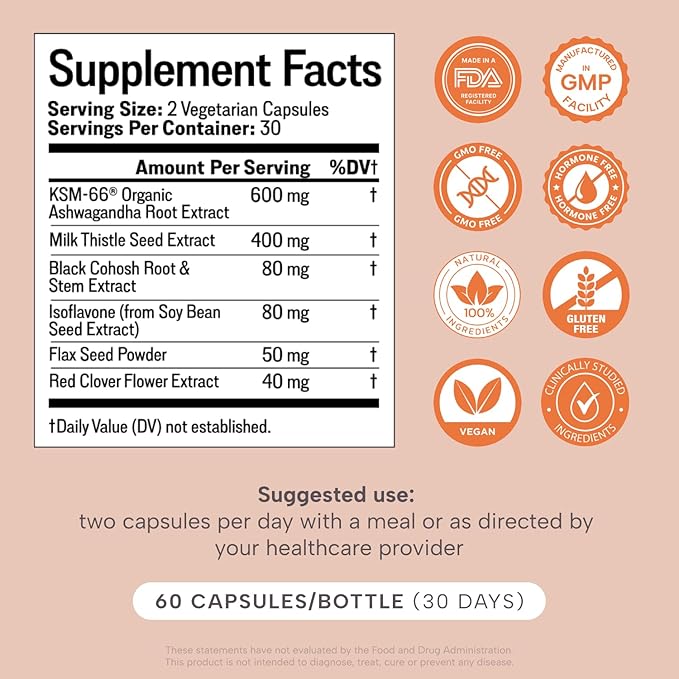 Meno- Menopause Hormonal Balance for Women, Estrogen Soy Isoflavones Menopause Supplement for Women, Ashwagandha, Black Cohosh Hot Flashes Menopause Relief, Night Sweats Relief 120Caps
