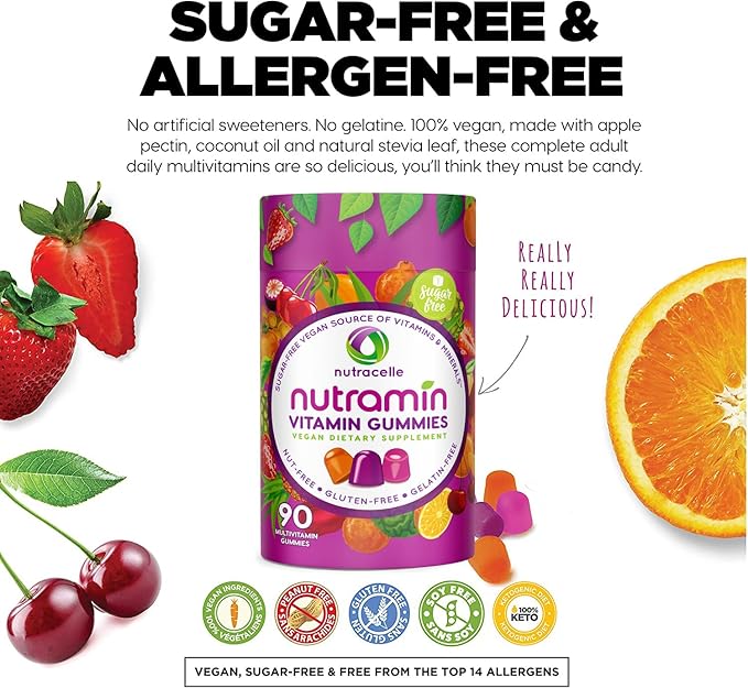 NUTRAMIN Daily Vegan Keto Multivitamin Gummies D2, and B6, B12 B12 & 90 Count, 45 Days