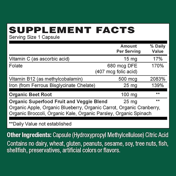 PlantFusion Vegan Iron Supplement for Women B12, Folate 60 Capsules