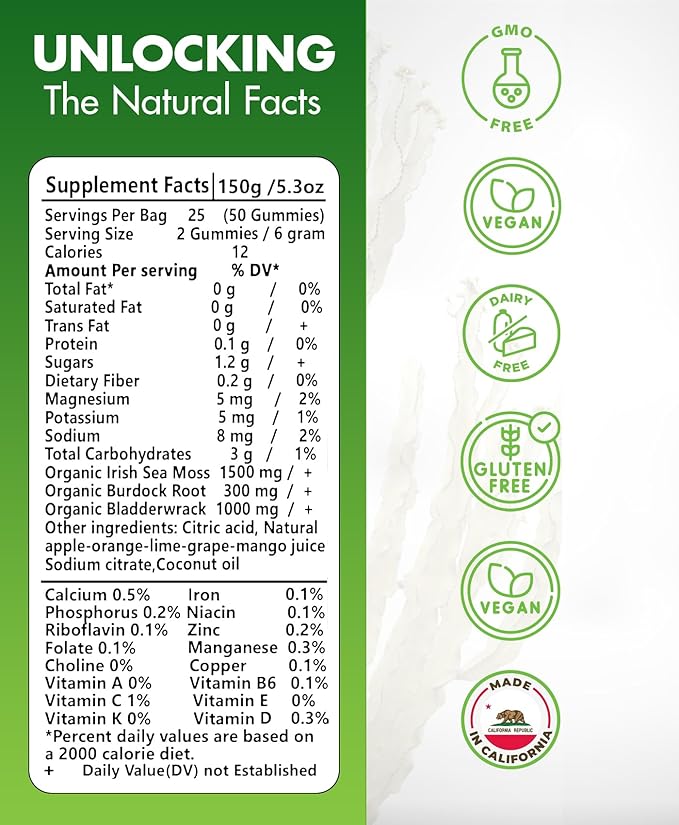 BIO VITALICA Sea Moss Gummies - Irish sea Moss raw Organic, Bladderwrack, Burdock Root. Contains Sea Moss Gel and Powder. Superfoods for Vegan, Keto and Dr Sebi Diet. Immune Boosting (1, Original)