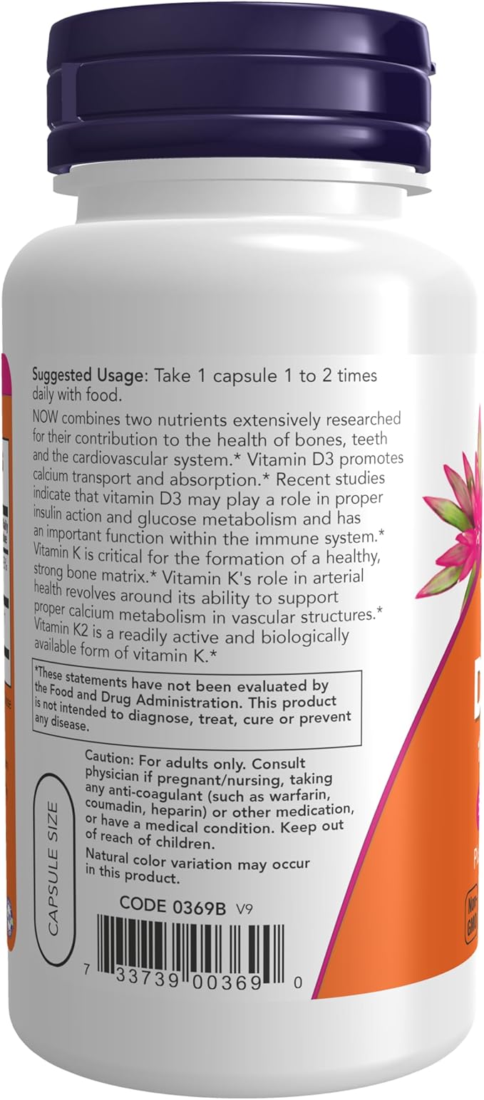 NOW Supplements, Vitamin D-3 & K-2, 1,000 IU/45 IU/45 mcg,Plus 120 veg
