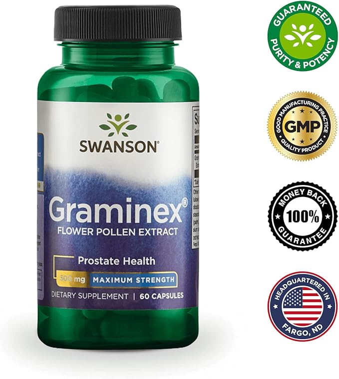 Swanson Maximum Strength Graminex Flower Pollen Extract - Supports Prostate Health, Urinary Tract Function, and Kidney Health - Mens Health Supplement - (60 Capsules, 500mg Each) (4 Pack)