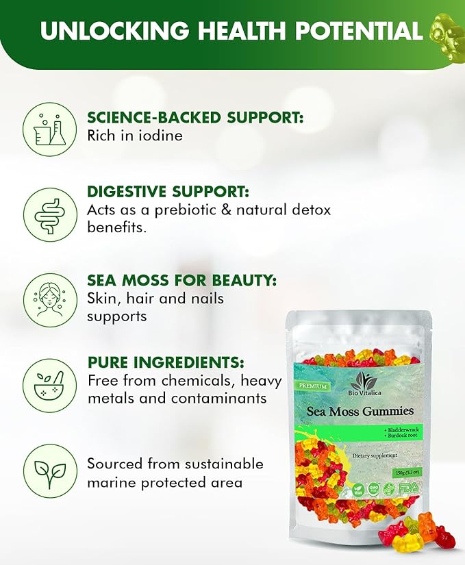BIO VITALICA Sea Moss Gummies - Irish sea Moss raw Organic, Bladderwrack, Burdock Root. Contains Sea Moss Gel and Powder. Superfoods for Vegan, Keto and Dr Sebi Diet. Immune Boosting (1, Original)