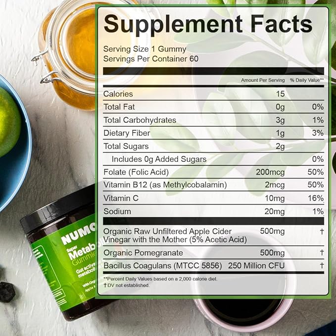 Numo Apple Cider Vinegar Gummies - ACV with Organic Apple Cider Vinegar & Organic MCT Oil - Supplement for Wellness - 3X Acetic Acid, 250 CFUs Probiotics - Organic, Vegan, Kosher, Non-GMO - 60 Count