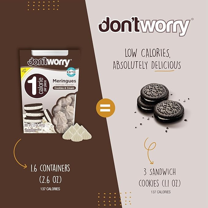 Don't Worry Keto Friendly Meringue Cookies - Cookies & Cream, Only 1 Calorie per piece!, Healthy Candy, Gluten Free Snacks for Adults, Low Carb, Low Sugar Snacks - 4 Pack
