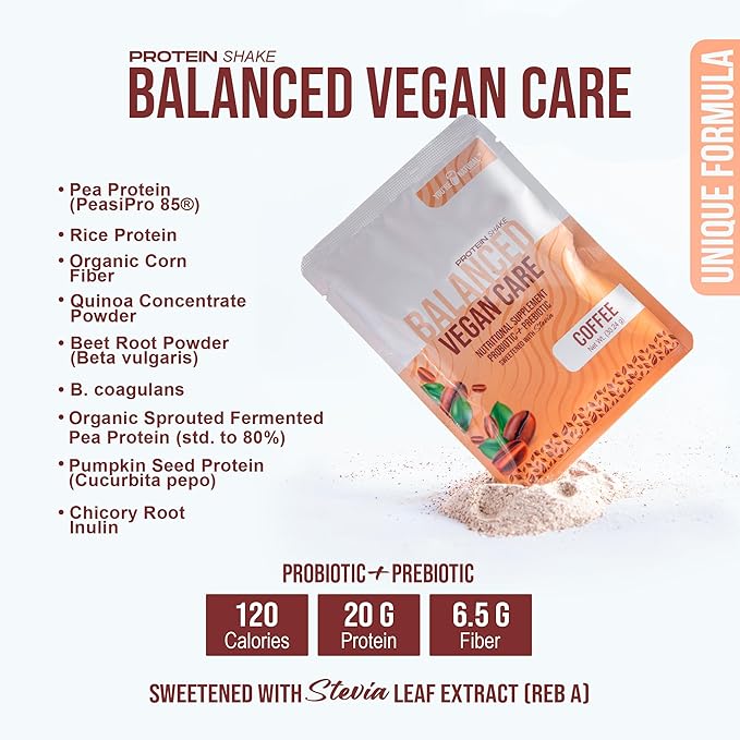 Vegan Care Coffee Protein Powder, 20g 6.5g, Probiotics 15 individual