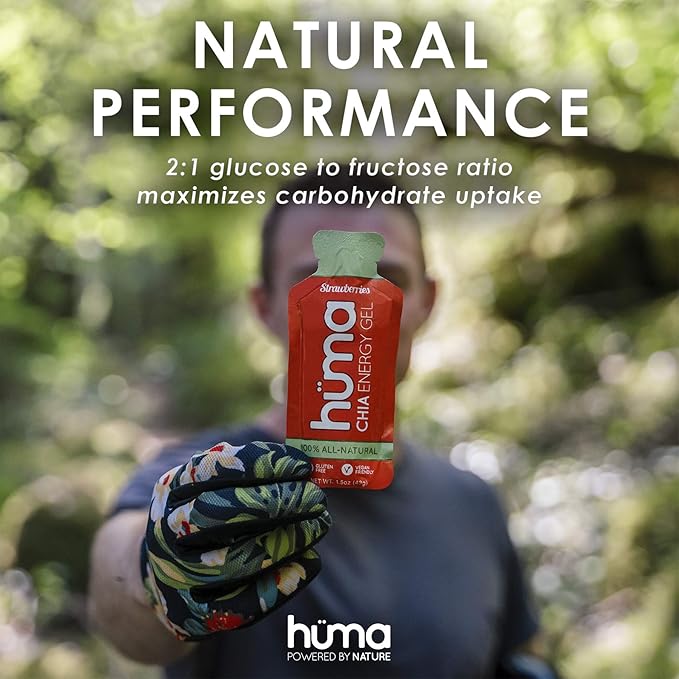 Huma Chia Energy Gel, Raspberries, 24 Gels, 1x Caffeine - Sports Nutrition for Endurance Exercise