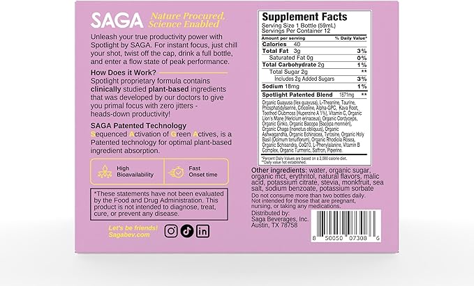 SAGA Organic Focus Shots 2oz Shots(12-Pack) Shots(12-Pack)