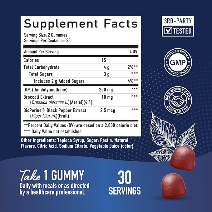 DIM Gummies | 200mg | Hormone Balance Gummies for PMS, Menopause, Hormonal Acne & More | Estrogen Balance & Detox for Women and Men | With 50mg Beet Root for Antioxidant Support | Gluten-Free | 60ct.