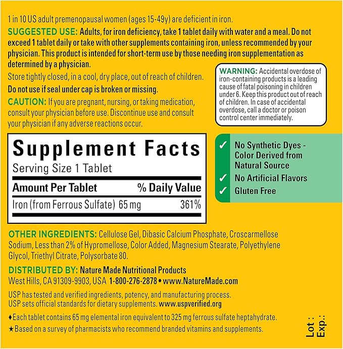 Nature Made Iron 65 mg (325 mg Ferrous Sulfate) Tablets, Dietary Supplement for Red Blood Cell Support, 180 Tablets, 180 Day Supply
