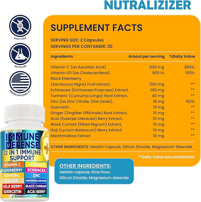 12 in 1 Premium Immune Defense Vitamins D3 5000 5000 IU 1000mg Zinс 50mg - 120 Caps