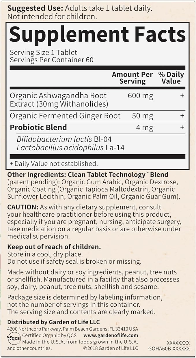 Garden of Life Organics Ashwagandha Stress, 2 Month 60 Tablets