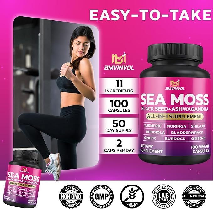 BMVINVOL Sea Moss 6000mg Black Seed 4000mg Shilajit 2000mg Ashwagandha 2000mg + 100 Capsules
