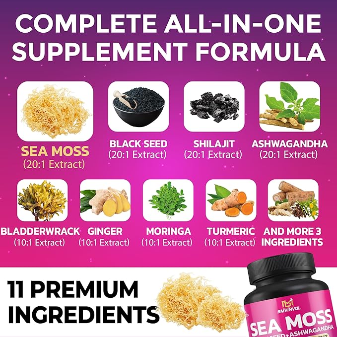 BMVINVOL Sea Moss 6000mg Black Seed 4000mg Shilajit 2000mg Ashwagandha 2000mg + 100 Capsules