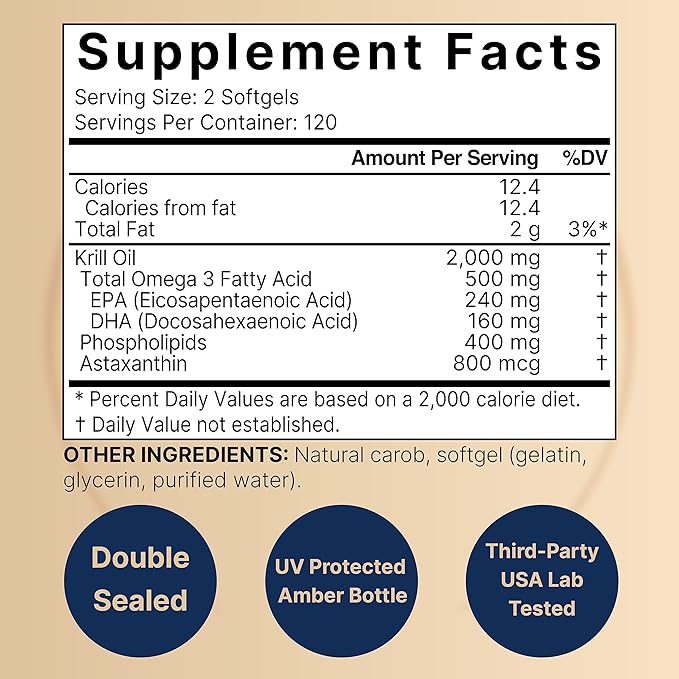 Antarctic Krill Oil 2000mg Supplement, 240 3X Strength Omega-3s, EPA 240mg + 160mg + 800mcg –