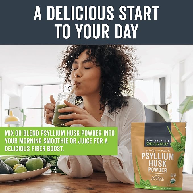 Viva Naturals Organic Psyllium Husk Powder, 10 oz - Finely Ground, Unflavored Plant Based Superfood - Good Source of Fiber for Gluten-Free Baking, Juices & Smoothies - Certified Vegan, Keto and Paleo