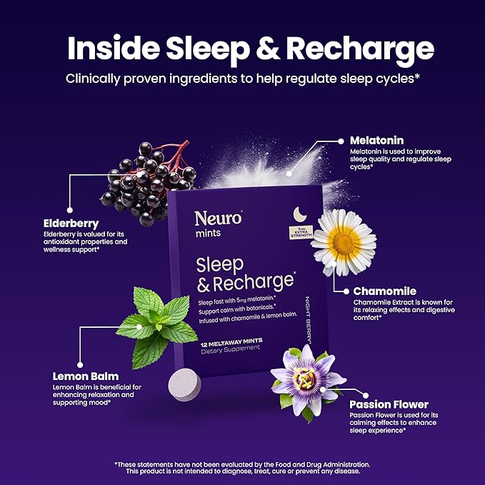 Neuro Melatonin 5mg Sleep & Recharge Mints (144 Pieces) - Fast Dissolve Melatonin Sugar Free Mints with Lemon Balm & Chamomile for Better Sleep - Calm Sleep Supplement for Adults - Night Berry Flavor