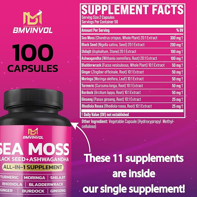 BMVINVOL Sea Moss 6000mg Black Seed 4000mg Shilajit 2000mg Ashwagandha 2000mg + 100 Capsules
