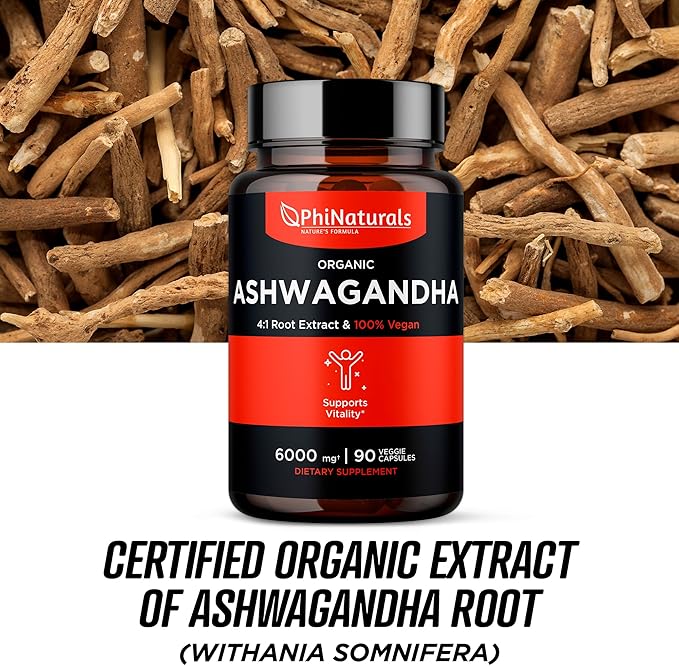 Ashwagandha Root Extract Capsules (Organic) Equivalent 6000 mg 1500 mg 500 mg 90 Count