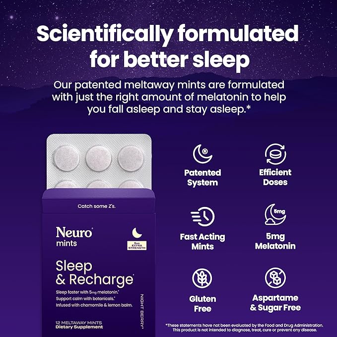 Neuro Melatonin 5mg Sleep & Recharge Mints (144 Pieces) - Fast Dissolve Melatonin Sugar Free Mints with Lemon Balm & Chamomile for Better Sleep - Calm Sleep Supplement for Adults - Night Berry Flavor