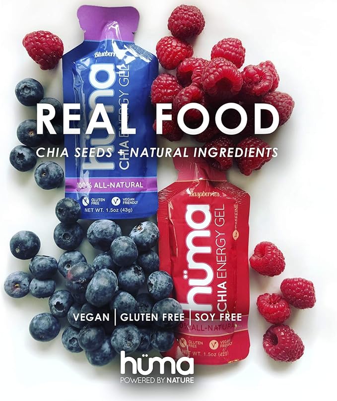 Huma Chia Energy Gel, Raspberries, 24 Gels, 1x Caffeine - Sports Nutrition for Endurance Exercise