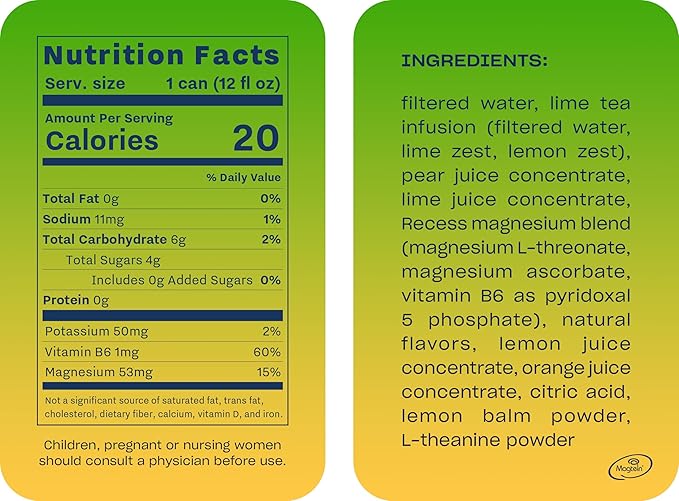 Recess Mood Magnesium Supplement Drink Calming 12 Ounce, 12 (Lime 12 Pack)